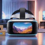 Meta Quest 3S headset shows immersive virtual scene with neon lights in modern living room and Amazon packages