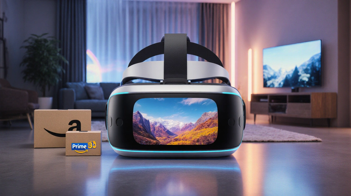 Meta Quest 3S headset shows immersive virtual scene with neon lights in modern living room and Amazon packages