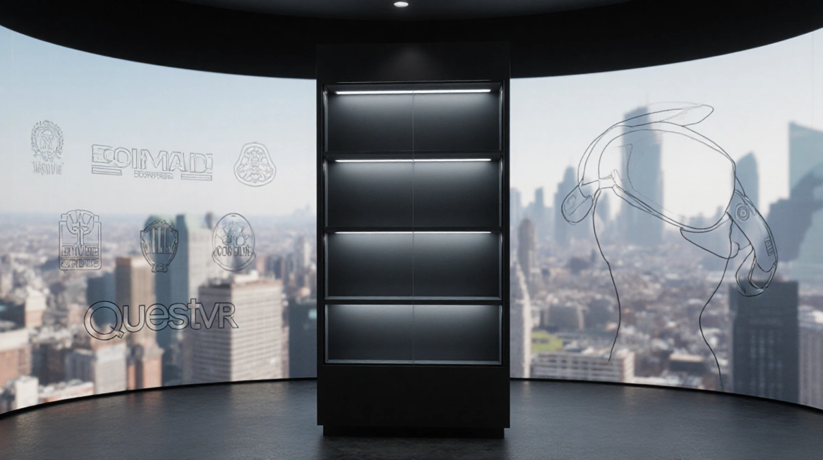 Empty display case stands in software library with faint game outlines on walls and city beyond