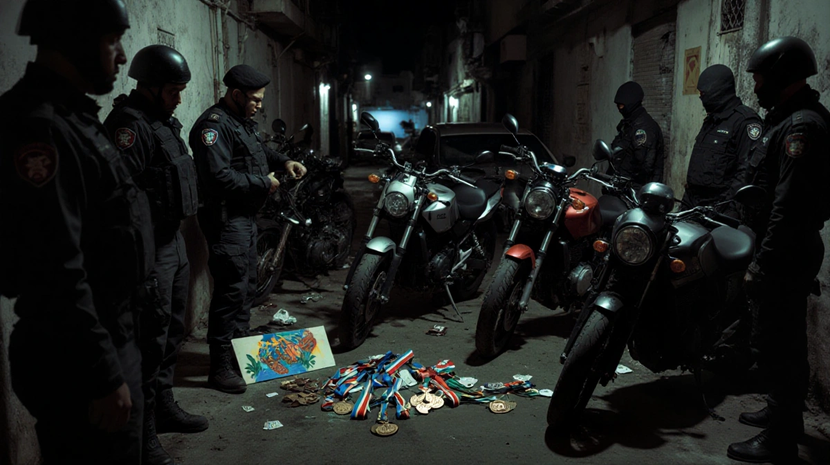 Mexican security forces arresting motorcycles arranged in a semi-circle with medals and narcotics near a dim Mexico alley.