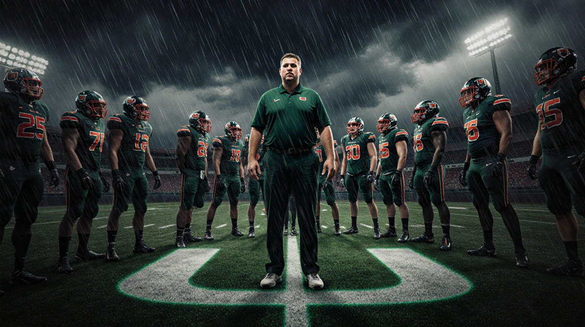 Mario Cristobal leads Miami football team huddle with players in gear and glowing field outline showing championship validati
