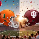 Miami Hurricanes and Indiana Hoosiers football helmets face off at sunset with excited fans and confetti on the field
