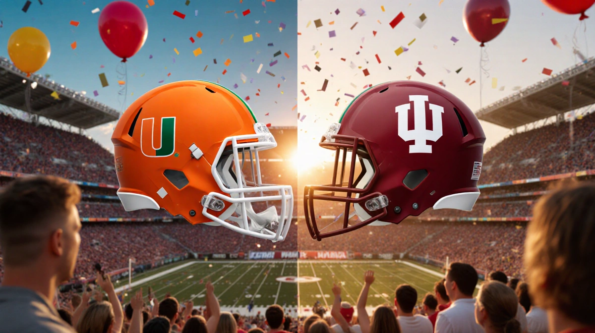 Miami Hurricanes and Indiana Hoosiers football helmets face off at sunset with excited fans and confetti on the field