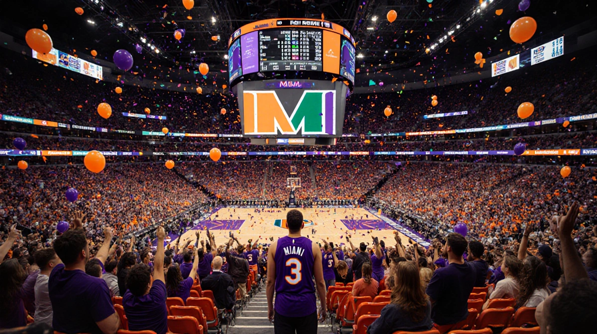 Fans cheer in orange and purple seats with Miami stadium logo and confetti filling the arena