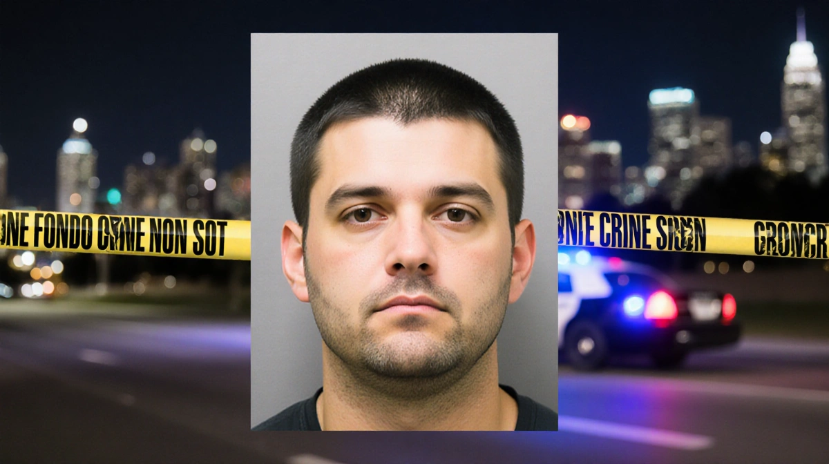 Michael Crain appears expressionless in a mugshot with a police backdrop and blurred Fort Worth night skyline.