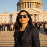 Michele Tafoya stands confidently at Minnesota State Capitol with gold dome reflected in her glasses and supporters behind he