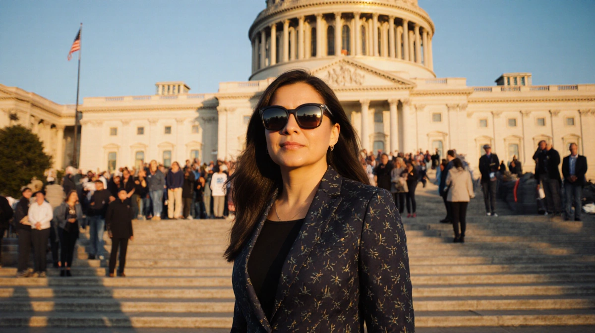 Michele Tafoya stands confidently at Minnesota State Capitol with gold dome reflected in her glasses and supporters behind he
