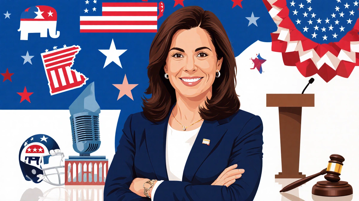 Michele Tafoya stands confidently before Minnesota Senate backdrop with microphone and football helmet showing her Republican