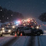 Snowy Michigan highway pileup with crashed cars and emergency lights flashing through falling snow