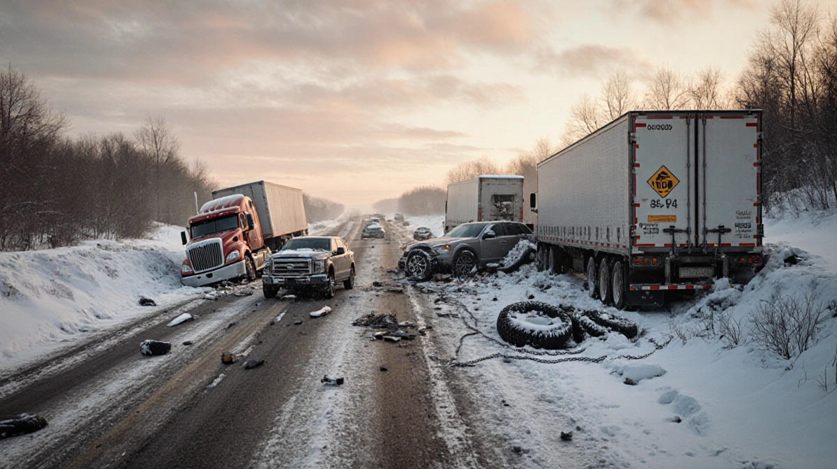 Overturned semi trucks block the snow-covered Michigan highway with crashed cars and debris scattered across the icy road