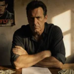 Mickey Rourke sits at desk with cash stacks and documents showing financial burden