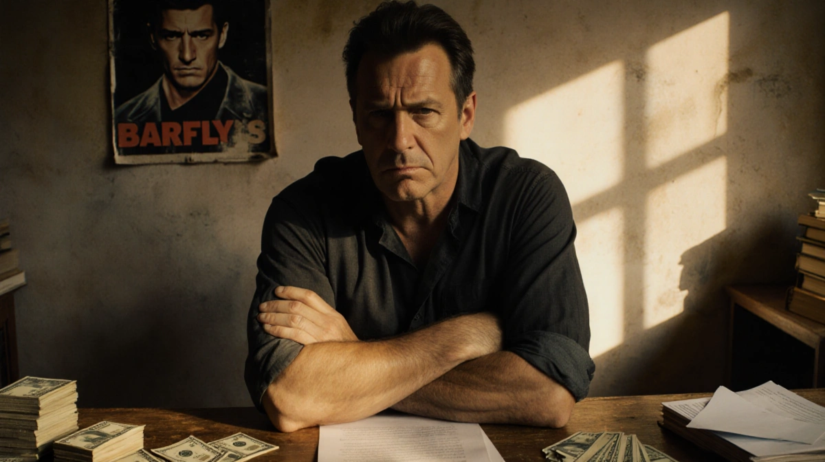Mickey Rourke sits at desk with cash stacks and documents showing financial burden