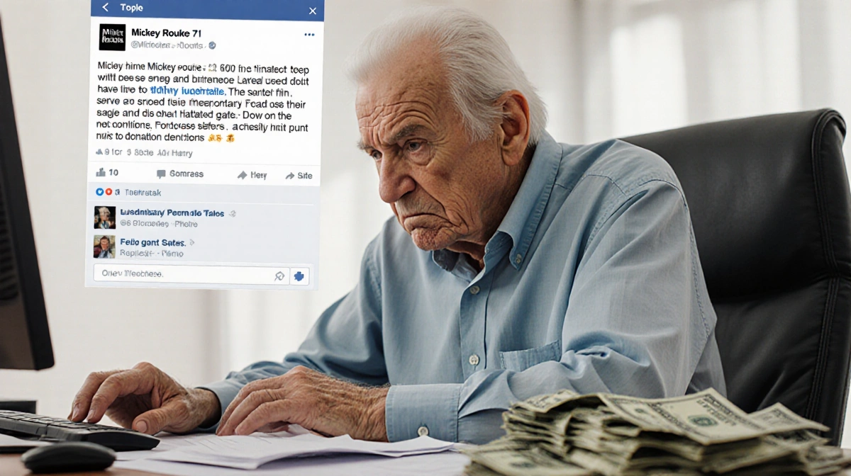 Elderly Mickey Rourke sits frustrated at computer with bills and donation refund paperwork on desk