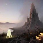 Glowing creature rests near microbialite mound with Great Salt Lake and dusk sky behind