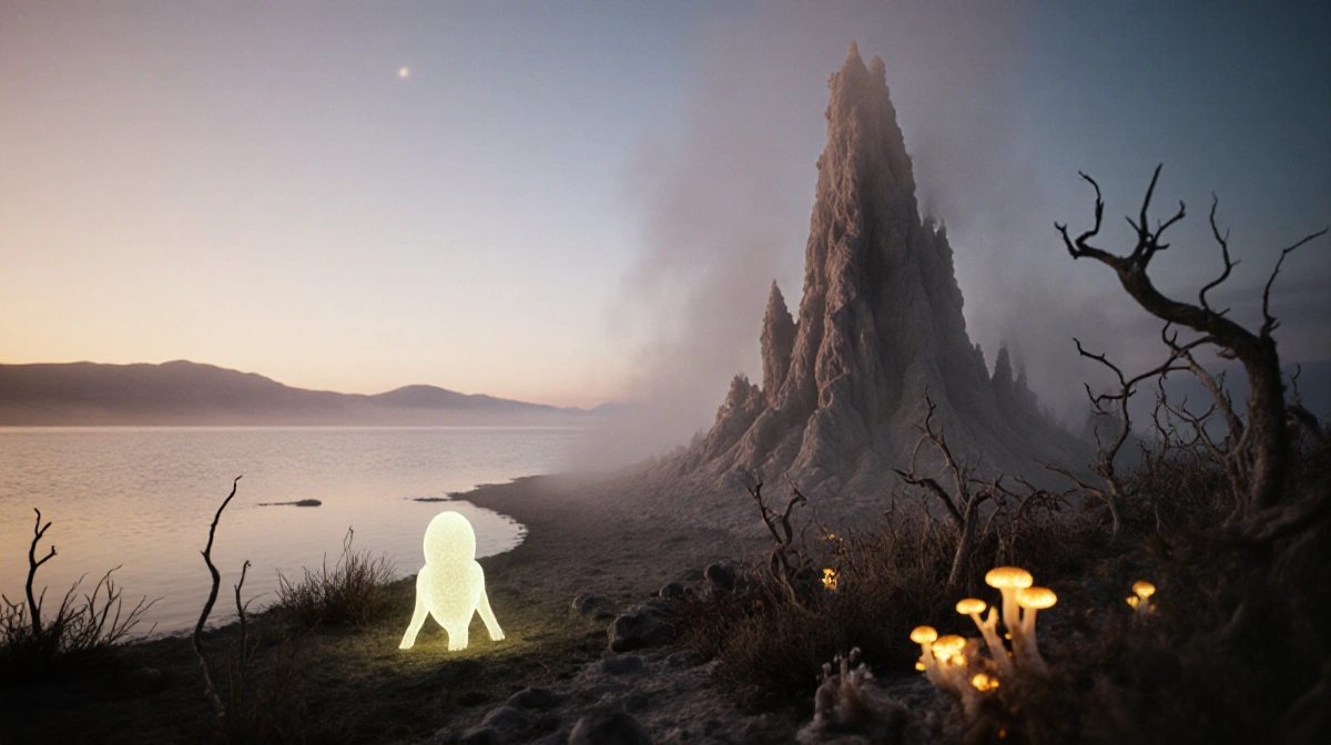 Glowing creature rests near microbialite mound with Great Salt Lake and dusk sky behind