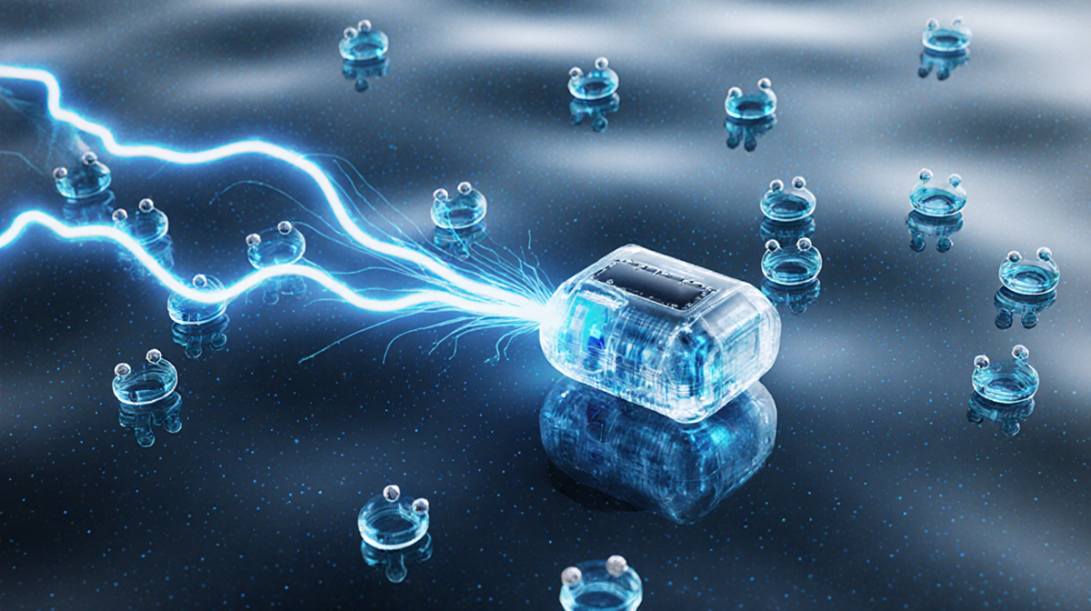 Aquatic robot propels itself forward with electric field lines and charged particles swirling in blue water