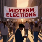 Person checking phone under Midterm Elections banner with crowd holding protest signs and I Voted stickers