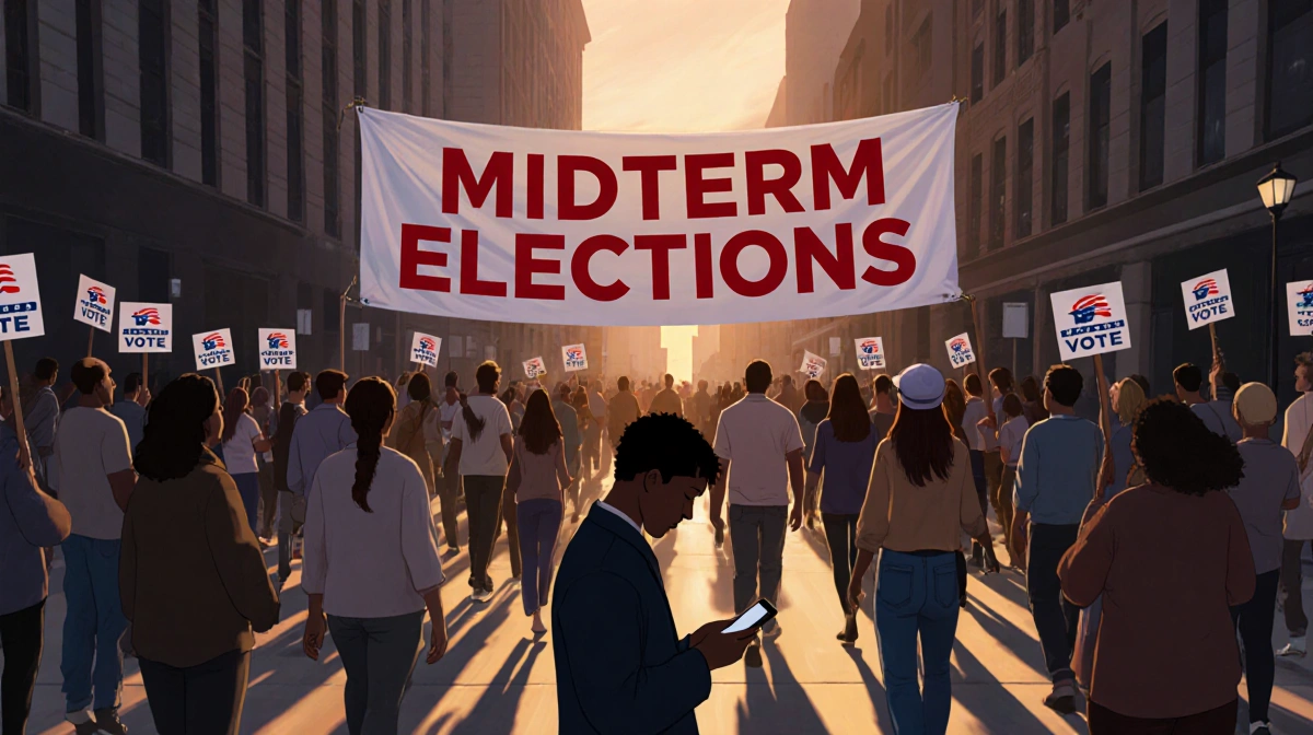 Person checking phone under Midterm Elections banner with crowd holding protest signs and I Voted stickers