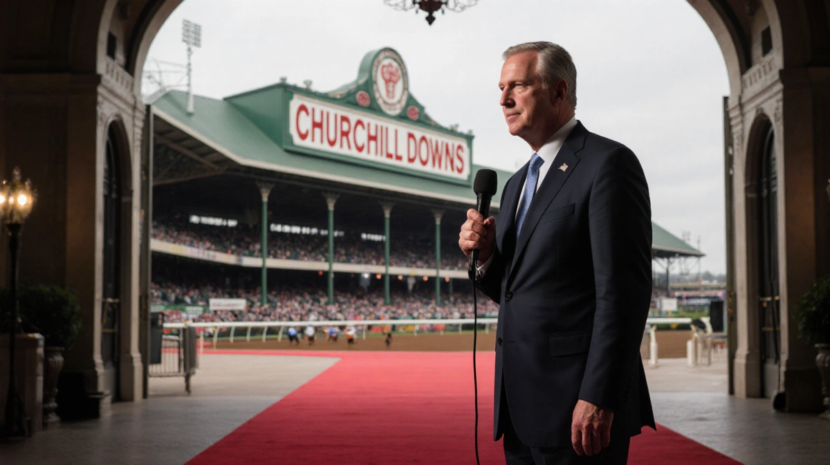 Mike Anderson president of Churchill Downs standing on a red carpet with a racetrack entrance and stands behind him
