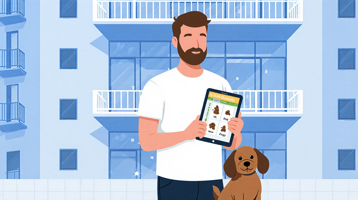 Mike Gordon checking dog poop DNA results on tablet with Eggsy the Cavapoo beside him and building layout behind