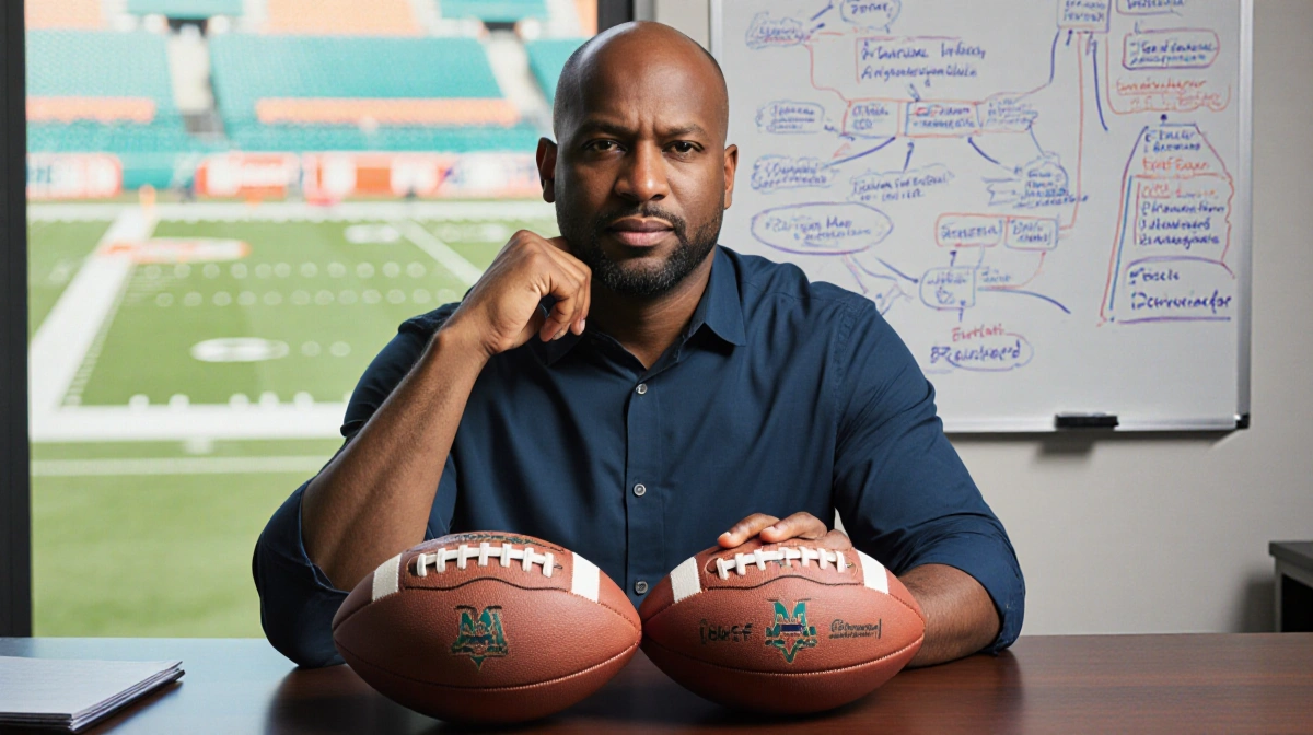 Mike McDaniel sits at a desk with two footballs and a whiteboard of Dolphins strategy notes behind him with field behind wind