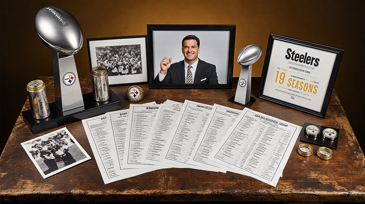 Mike Tomlin's coaching legacy sits on weathered wood with Steelers Super Bowl rings and team photos showing his 19 seasons of