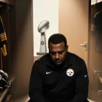Mike Tomlin sits alone in empty Steelers locker room with faded jerseys and golden light streaming through door