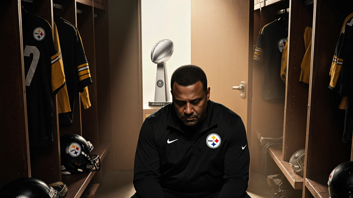 Mike Tomlin sits alone in empty Steelers locker room with faded jerseys and golden light streaming through door