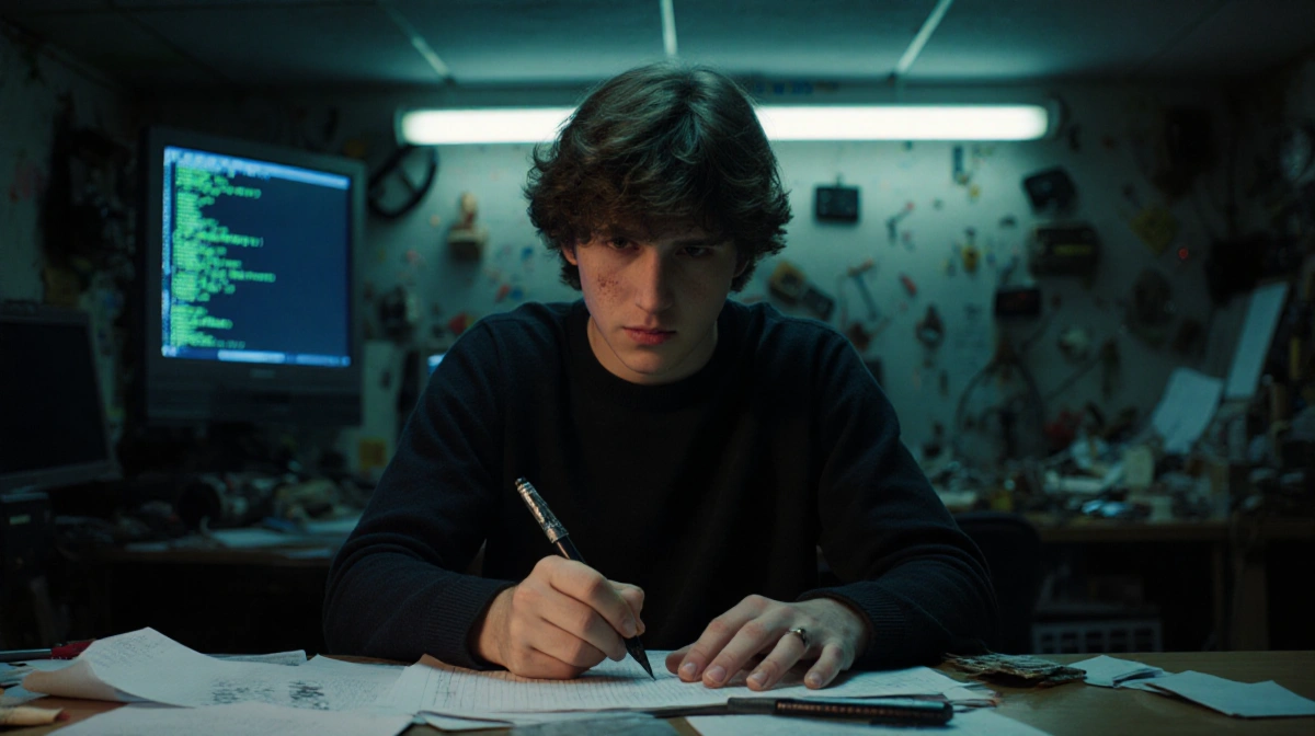 Mike Wheeler sits alone with scripts scattered around him and flickering screens showing code behind