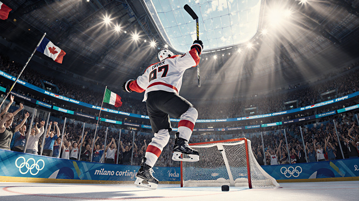 Hockey player scoring a goal with arena glow and fans and flags waving in the Milan Olympic arena.