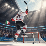 Hockey player scoring a goal with arena glow and fans and flags waving in the Milan Olympic arena.