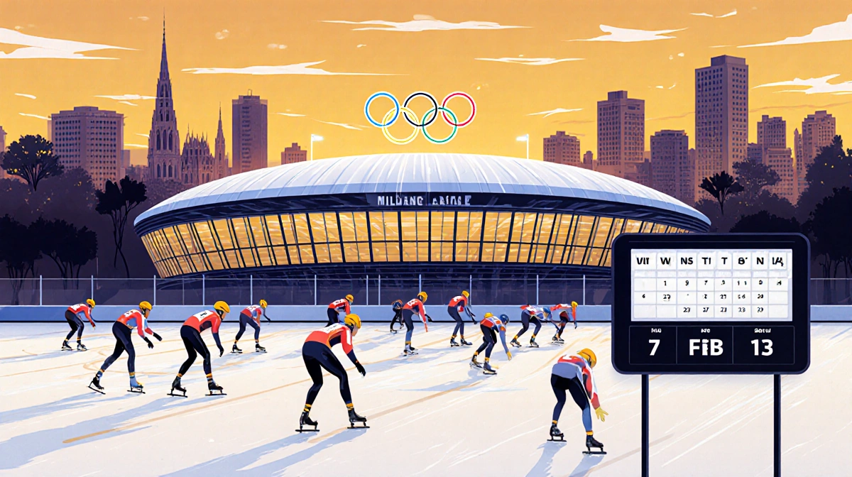 Speed Olympic skaters racing on the rink with golden light and a clock showing February 7-21 near Milanese architecture