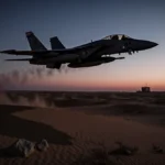 Military aircraft flying over desert landscape with shadow crossing sand dunes and distant buildings visible