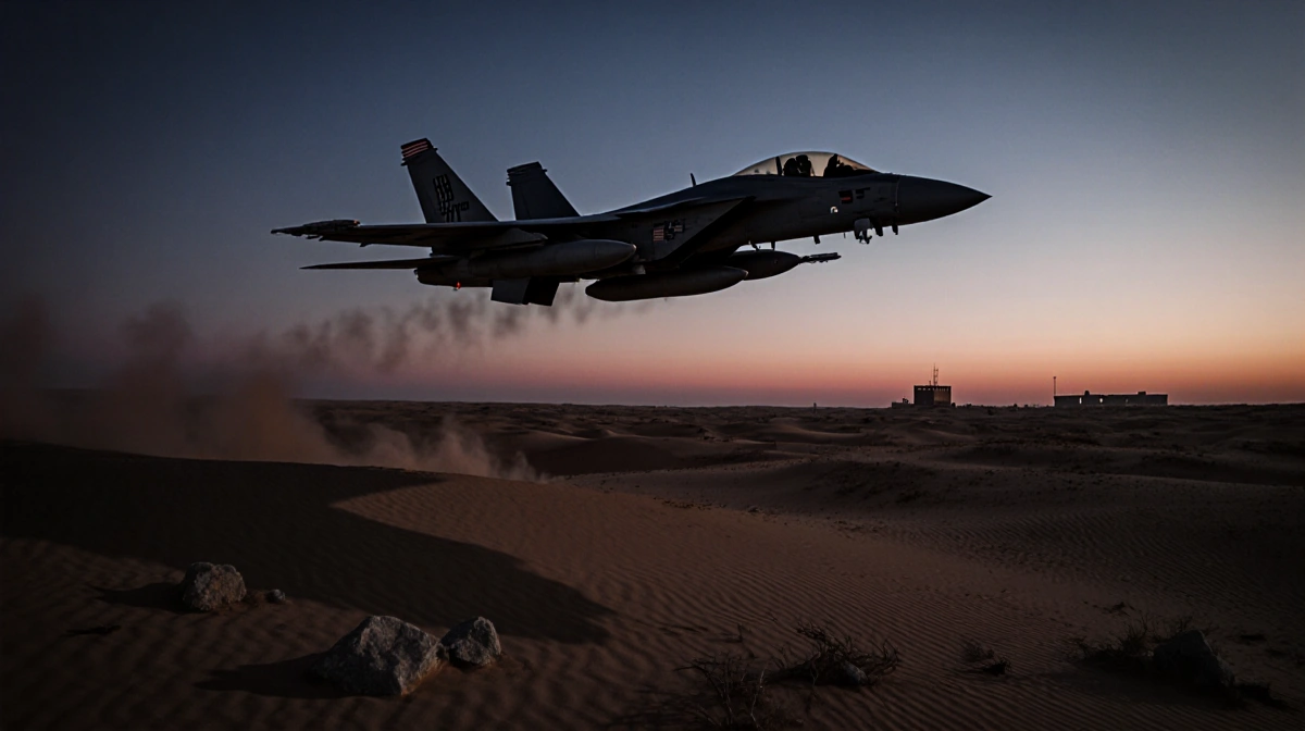 Military aircraft flying over desert landscape with shadow crossing sand dunes and distant buildings visible