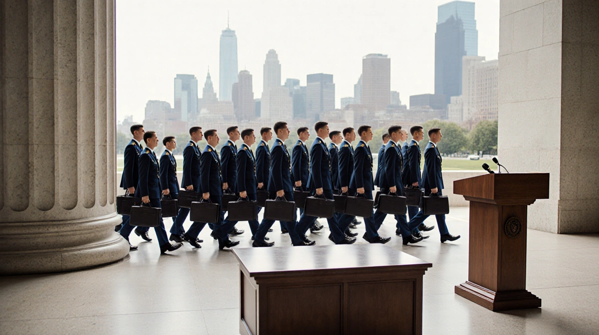 Military lawyers marching to Minneapolis courthouse with briefcases and empty judge's bench showing litigation