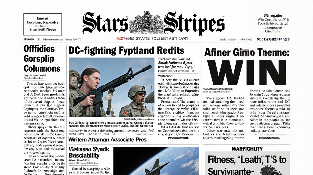 Stars and Stripes newspaper splits into old gossip columns on left with modern military weapons and gear on right