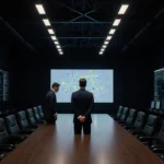 Tech executive and government official facing each other with hands clasped behind backs while studying network diagram on la