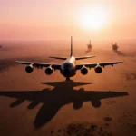Military transport plane flying over desert landscape with orange pink sunset sky and shadow stretching across sand
