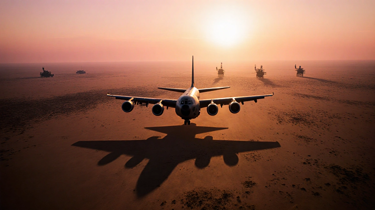 Military transport plane flying over desert landscape with orange pink sunset sky and shadow stretching across sand