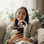 Young woman sits on couch with smartphone and plants showing mindful social media use