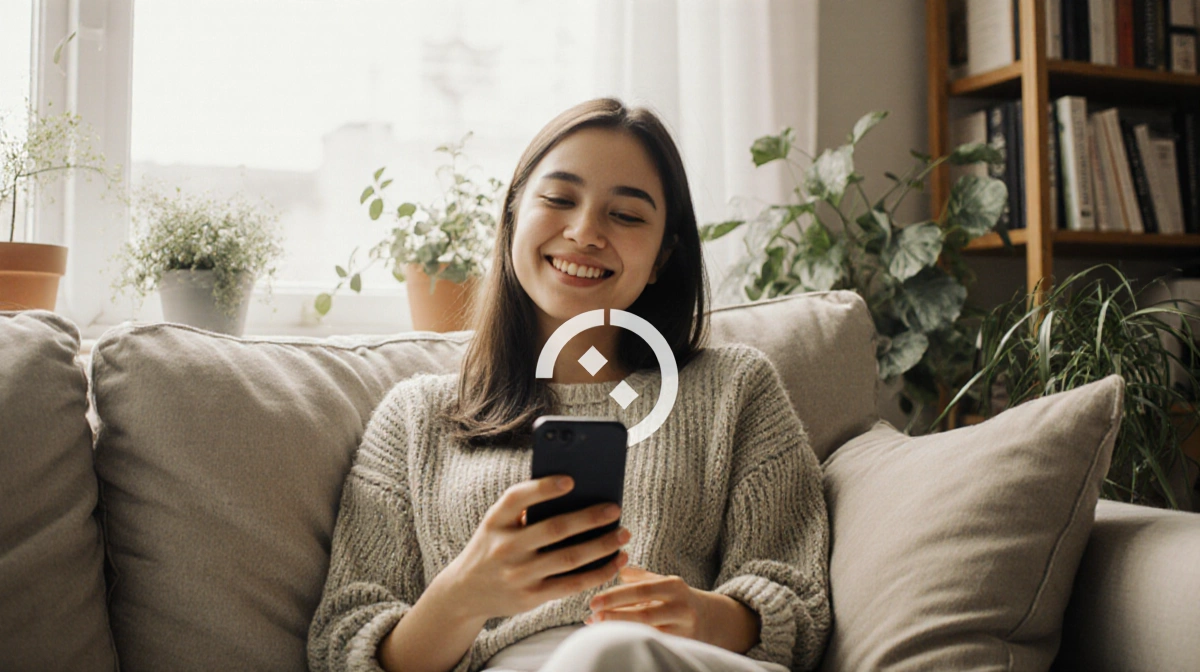 Young woman sits on couch with smartphone and plants showing mindful social media use