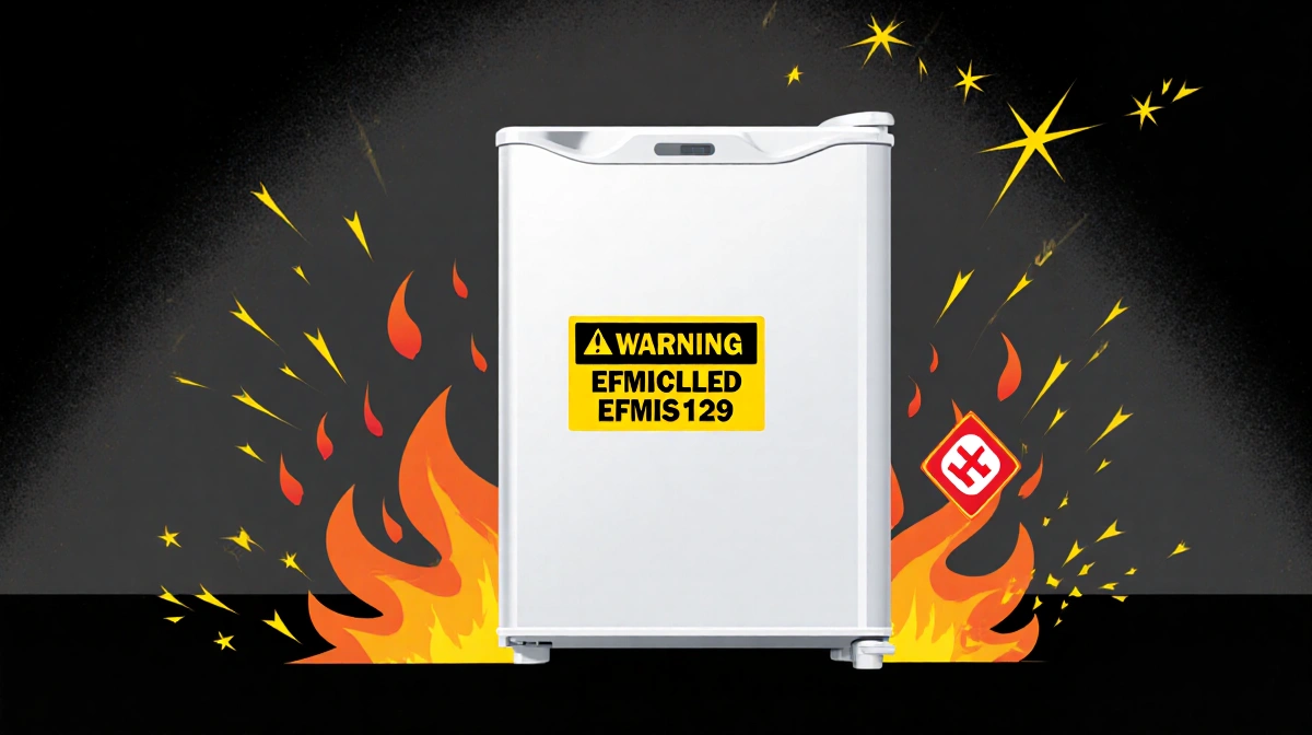 Mini-fridge with recalled model EFMIS129 showing red warning label and flame icon with dark background