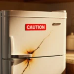 Minifridge with red caution sticker and burn mark showing electrical recall issue in warm kitchen