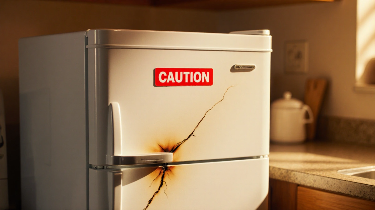 Minifridge with red caution sticker and burn mark showing electrical recall issue in warm kitchen