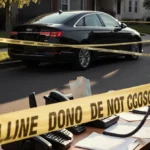 911 dispatcher holding phone with police tape and broken taillight car behind