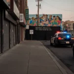 Empty Minneapolis street shows closed storefronts with police cruisers parked nearby and distant mural behind barrier