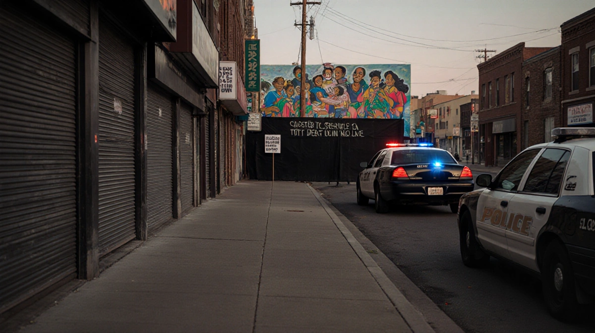 Empty Minneapolis street shows closed storefronts with police cruisers parked nearby and distant mural behind barrier