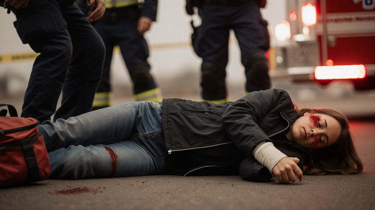 Minneapolis EMS team responding to injured woman with bloodstained clothing and medical bag on ground