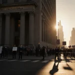 FBI headquarters stands illuminated at night with protesters gathered in the distance and agents guarding the entrance