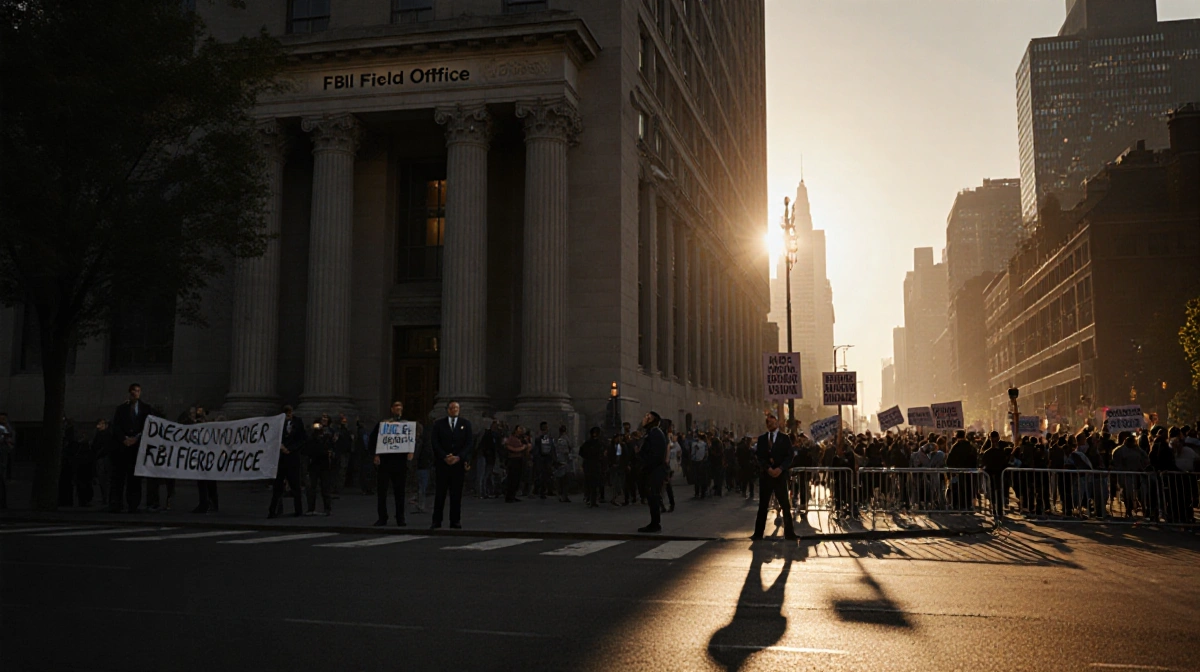 FBI headquarters stands illuminated at night with protesters gathered in the distance and agents guarding the entrance